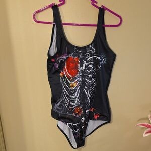 Too Fast, Rat Baby, Skeleton Print Swimsuit, Anatomy, Floral, Moth Detail, XL